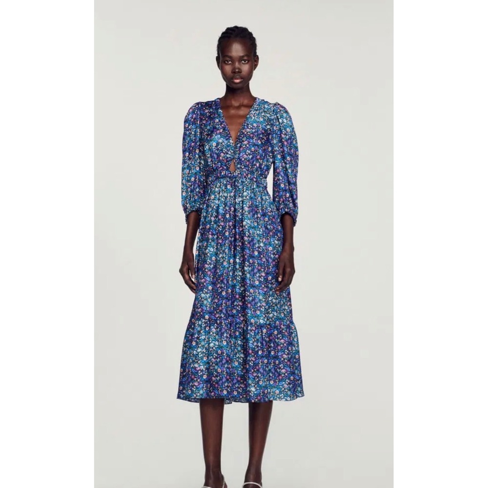 Sandro Almada Dress Sz 36 S Blue Purple Silk Floral Puff Sleeve Midi Dress